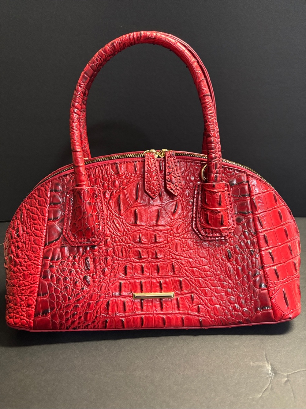Croc-Embossed Red Dome Satchel Handbag